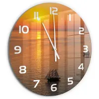 Tulup Wandklok - Zonsondergang Zee Gekleurde Glazen Klok - fi60 cm - Oranje Glazen Klok Met Print - Witte handen - Ronde Klok - Moderne Wandklok Glas - Wandklok Glas Decoratie