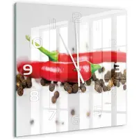 Tulup Wandklok - Chili en peper Decoratieve Glazen Klok - 60x60 cm - Rood Glazen Wandklok Design - Witte handen - Vierkante Klok - Glazen Klok Met Print - Wandklok Glas Met Motief