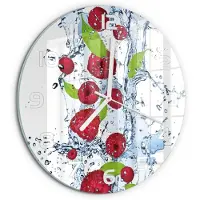 Tulup Wandklok - Frambozen en water Gekleurde Glazen Klok - fi30 cm - Rood Glazen Klok Met Print - Witte handen - Ronde Klok - Moderne Wandklok Glas - Wandklok Glas Decoratie