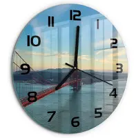 Tulup Wandklok - San Francisco-brug Glazen Wandklok Design - fi30 cm - Rood Klok Glas Met Opdruk - Zwarte handen - Ronde Klok - Wandklok Glas Met Motief - Decoratieve Glazen Klok
