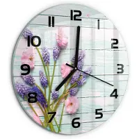 Tulup Wandklok - Lavendel op hout Wandklok Glas Decoratie - fi30 cm - Paars Gekleurde Glazen Klok - Zwarte handen - Ronde Klok - Klok Glas Met Opdruk - Moderne Wandklok Glas