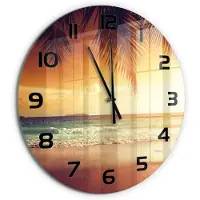 Tulup Wandklok - Tropisch strand Decoratieve Glazen Klok - fi60 cm - Oranje Glazen Wandklok Design - Zwarte handen - Ronde Klok - Glazen Klok Met Print - Wandklok Glas Met Motief