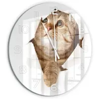 Tulup Wandklok - Kat Wandklok Glas Decoratie - fi60 cm - Beige Gekleurde Glazen Klok - Witte handen - Ronde Klok - Klok Glas Met Opdruk - Moderne Wandklok Glas