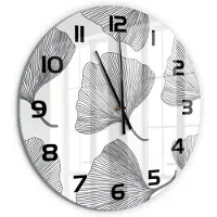 Tulup Wandklok - Ginkgo Moderne Wandklok Glas - fi60 cm - Zwart-wit Wandklok Glas Decoratie - Zwarte handen - Ronde Klok - Glazen Wandklok Design - Klok Glas Met Opdruk