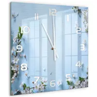 Tulup Wandklok - Achtergrond met kersenbloesem Wandklok Glas Met Motief - 60x60 cm - Blauw Decoratieve Glazen Klok - Witte handen - Vierkante Klok - Gekleurde Glazen Klok - Glazen Klok Met Print