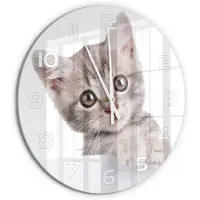 Tulup Wandklok - Grijze kat Wandklok Glas Met Motief - fi60 cm - Grijs Decoratieve Glazen Klok - Witte handen - Ronde Klok - Gekleurde Glazen Klok - Glazen Klok Met Print