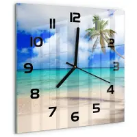 Tulup Wandklok - Caribisch strand Decoratieve Glazen Klok - 30x30 cm - Blauw Glazen Wandklok Design - Zwarte handen - Vierkante Klok - Glazen Klok Met Print - Wandklok Glas Met Motief