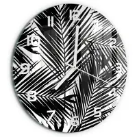 Tulup Wandklok - Palmbladeren Decoratieve Glazen Klok - fi30 cm - Zwart-wit Glazen Wandklok Design - Witte handen - Ronde Klok - Glazen Klok Met Print - Wandklok Glas Met Motief
