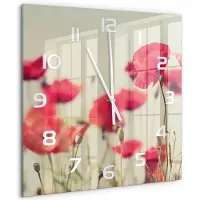 Tulup Wandklok - Veldklaproos Wandklok Glas Decoratie - 60x60 cm - Rood Gekleurde Glazen Klok - Witte handen - Vierkante Klok - Klok Glas Met Opdruk - Moderne Wandklok Glas