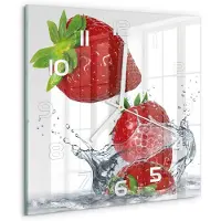 Tulup Wandklok - Aardbeien en water Decoratieve Glazen Klok - 30x30 cm - Rood Glazen Wandklok Design - Witte handen - Vierkante Klok - Glazen Klok Met Print - Wandklok Glas Met Motief