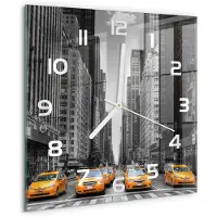 Tulup Wandklok - New Yorkse taxi's Glazen Klok Met Print - 30x30 cm - Geel Wandklok Glas Met Motief - Witte handen - Vierkante Klok - Wandklok Glas Decoratie - Gekleurde Glazen Klok
