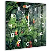 Tulup Wandklok - Exotische jungle Glazen Klok Met Print - 60x60 cm - Groente Wandklok Glas Met Motief - Witte handen - Vierkante Klok - Wandklok Glas Decoratie - Gekleurde Glazen Klok