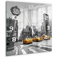 Tulup Wandklok - New Yorkse taxi's Wandklok Glas Decoratie - 60x60 cm - Geel Gekleurde Glazen Klok - Witte handen - Vierkante Klok - Klok Glas Met Opdruk - Moderne Wandklok Glas