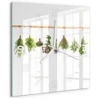 Drukarnia Piga Wandklok - Kruiden aan een touwtje Decoratieve Glazen Klok - 30x30 cm - Groente Glazen Wandklok Design - Witte handen - Vierkante Klok - Glazen Klok Met Print - Wandklok Glas Met Motief