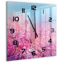 Tulup Wandklok - Kersenbloesem Wandklok Glas Met Motief - 60x60 cm - Roze Decoratieve Glazen Klok - Zwarte handen - Vierkante Klok - Gekleurde Glazen Klok - Glazen Klok Met Print