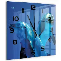 Tulup Wandklok - Twee dolfijnen Glazen Wandklok Design - 60x60 cm - Blauw Klok Glas Met Opdruk - Zwarte handen - Vierkante Klok - Wandklok Glas Met Motief - Decoratieve Glazen Klok