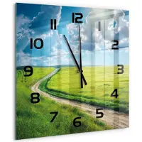Tulup Wandklok - Pad in de weide Klok Glas Met Opdruk - 60x60 cm - Groente Moderne Wandklok Glas - Zwarte handen - Vierkante Klok - Decoratieve Glazen Klok - Glazen Wandklok Design