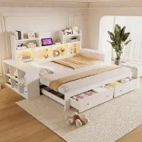 STILVORA slaapbank 90/180x200 cm met opbergruimte, uitslaapbank met opbergvakken, houten bank met stopcontact en LED-verlichting, slaapbank met lades