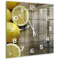 Tulup Wandklok - Citroenen op hout Glazen Klok Met Print - 60x60 cm - Geel Wandklok Glas Met Motief - Witte handen - Vierkante Klok - Wandklok Glas Decoratie - Gekleurde Glazen Klok