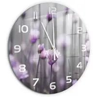 Tulup Wandklok - Bieslookbloemen Glazen Klok Met Print - fi60 cm - Paars Wandklok Glas Met Motief - Witte handen - Ronde Klok - Wandklok Glas Decoratie - Gekleurde Glazen Klok
