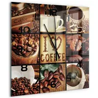 Tulup Wandklok - Koffiecollage Moderne Wandklok Glas - 60x60 cm - Bruin Wandklok Glas Decoratie - Zwarte handen - Vierkante Klok - Glazen Wandklok Design - Klok Glas Met Opdruk