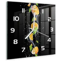 Tulup Wandklok - Sinaasappels en water Glazen Klok Met Print - 30x30 cm - Oranje Wandklok Glas Met Motief - Witte handen - Vierkante Klok - Wandklok Glas Decoratie - Gekleurde Glazen Klok