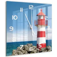 Tulup Wandklok - Vuurtoren Gekleurde Glazen Klok - 60x60 cm - Rood Glazen Klok Met Print - Witte handen - Vierkante Klok - Moderne Wandklok Glas - Wandklok Glas Decoratie