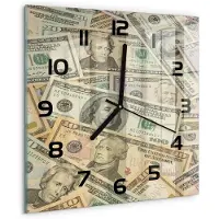 Tulup Wandklok - Dollarbankbiljetten Gekleurde Glazen Klok - 30x30 cm - Beige Glazen Klok Met Print - Zwarte handen - Vierkante Klok - Moderne Wandklok Glas - Wandklok Glas Decoratie