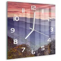 Tulup Wandklok - Bergen bij zonsondergang Klok Glas Met Opdruk - 30x30 cm - Oranje Moderne Wandklok Glas - Witte handen - Vierkante Klok - Decoratieve Glazen Klok - Glazen Wandklok Design