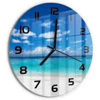 Tulup Wandklok - Tropisch strand Klok Glas Met Opdruk - fi30 cm - Blauw Moderne Wandklok Glas - Zwarte handen - Ronde Klok - Decoratieve Glazen Klok - Glazen Wandklok Design