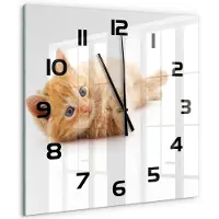 Tulup Wandklok - Rode Kat Klok Glas Met Opdruk - 60x60 cm - Oranje Moderne Wandklok Glas - Zwarte handen - Vierkante Klok - Decoratieve Glazen Klok - Glazen Wandklok Design