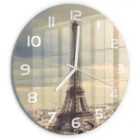 Tulup Wandklok - Eiffeltoren Parijs Moderne Wandklok Glas - fi30 cm - Beige Wandklok Glas Decoratie - Witte handen - Ronde Klok - Glazen Wandklok Design - Klok Glas Met Opdruk