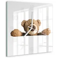 Tulup Wandklok - Beer Glazen Klok Met Print - 30x30 cm - Bruin Wandklok Glas Met Motief - Witte handen - Vierkante Klok - Wandklok Glas Decoratie - Gekleurde Glazen Klok