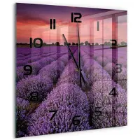 Tulup Wandklok - Lavendelveld Glazen Klok Met Print - 60x60 cm - Paars Wandklok Glas Met Motief - Zwarte handen - Vierkante Klok - Wandklok Glas Decoratie - Gekleurde Glazen Klok