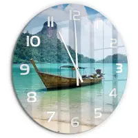 Tulup Wandklok - Łódź Glazen Wandklok Design - fi60 cm - Blauw Klok Glas Met Opdruk - Witte handen - Ronde Klok - Wandklok Glas Met Motief - Decoratieve Glazen Klok