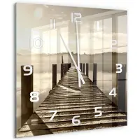 Tulup Wandklok - Houten brug Glazen Wandklok Design - 60x60 cm - Bruin Klok Glas Met Opdruk - Witte handen - Vierkante Klok - Wandklok Glas Met Motief - Decoratieve Glazen Klok