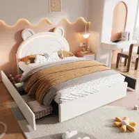 MODFU Gestoffeerd bed 140 x 200, kinderbed/tienerbed met berenhoofd, 4 lades, bedframe met opbergruimte en LED-verlichting, zonder matras, beige