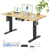 FlexiSpot verstelbaar bureau, 140x80 cm, bamboe tafelblad, 2 krachtige motoren, draagvermogen 120 kg, 4 geheugenplaatsen, premium accessoire set, zwart
