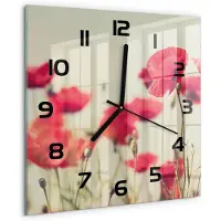 Tulup Wandklok - Veldklaproos Glazen Wandklok Design - 30x30 cm - Rood Klok Glas Met Opdruk - Zwarte handen - Vierkante Klok - Wandklok Glas Met Motief - Decoratieve Glazen Klok