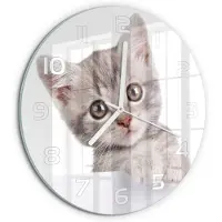 Tulup Wandklok - Grijze kat Glazen Wandklok Design - fi30 cm - Grijs Klok Glas Met Opdruk - Witte handen - Ronde Klok - Wandklok Glas Met Motief - Decoratieve Glazen Klok
