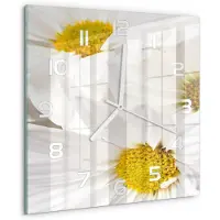 Tulup Wandklok - Madeliefje Wandklok Glas Met Motief - 30x30 cm - Geel Decoratieve Glazen Klok - Witte handen - Vierkante Klok - Gekleurde Glazen Klok - Glazen Klok Met Print