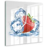 Tulup Wandklok - Aardbei met ijs Glazen Wandklok Design - 30x30 cm - Rood Klok Glas Met Opdruk - Witte handen - Vierkante Klok - Wandklok Glas Met Motief - Decoratieve Glazen Klok