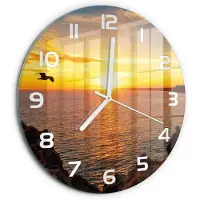 Tulup Wandklok - Zonsondergang Zee Wandklok Glas Decoratie - fi30 cm - Geel Gekleurde Glazen Klok - Witte handen - Ronde Klok - Klok Glas Met Opdruk - Moderne Wandklok Glas