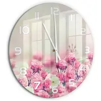 Tulup Wandklok - Wilde rozenbloemen Wandklok Glas Met Motief - fi60 cm - Roze Decoratieve Glazen Klok - Witte handen - Ronde Klok - Gekleurde Glazen Klok - Glazen Klok Met Print