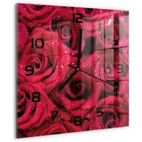 Tulup Wandklok - Druppels op rozen Klok Glas Met Opdruk - 30x30 cm - Rood Moderne Wandklok Glas - Zwarte handen - Vierkante Klok - Decoratieve Glazen Klok - Glazen Wandklok Design