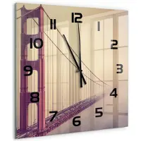 Tulup Wandklok - San Francisco-brug Wandklok Glas Met Motief - 60x60 cm - Rood Decoratieve Glazen Klok - Zwarte handen - Vierkante Klok - Gekleurde Glazen Klok - Glazen Klok Met Print