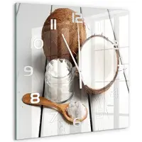 Tulup Wandklok - Kokosolie Wandklok Glas Met Motief - 60x60 cm - Bruin Decoratieve Glazen Klok - Witte handen - Vierkante Klok - Gekleurde Glazen Klok - Glazen Klok Met Print