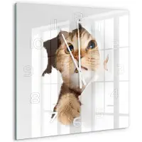 Tulup Wandklok - Kat in het gat Klok Glas Met Opdruk - 60x60 cm - Beige Moderne Wandklok Glas - Witte handen - Vierkante Klok - Decoratieve Glazen Klok - Glazen Wandklok Design