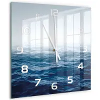 Tulup Wandklok - Oceaangolven Gekleurde Glazen Klok - 60x60 cm - Blauw Glazen Klok Met Print - Witte handen - Vierkante Klok - Moderne Wandklok Glas - Wandklok Glas Decoratie