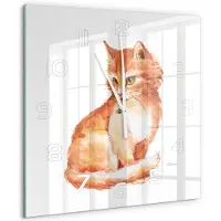 Tulup Wandklok - Rode Kat Wandklok Glas Decoratie - 60x60 cm - Oranje Gekleurde Glazen Klok - Witte handen - Vierkante Klok - Klok Glas Met Opdruk - Moderne Wandklok Glas